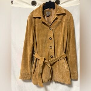 Zara Tan Suede Leather Belted Button Up Jacket Size Large